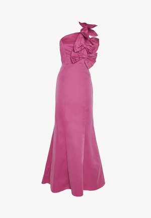 Rosa, satinierte Ein-Schulter-Gala mit einem strukturierten Oberteil und schichtigen Schleifenakzenten auf einer Seite, eleganter, figurschmeichelnder Silhouette und langem Rock.