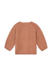 Ljusrosa stickad tröja med rund halsringning, långa raglanärmar och ribbade muddar och nederkant. Slät textur med en enkel design.