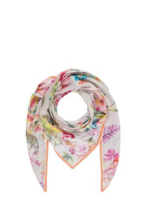 Lekki szal z tkaniny z kolorowym kwiatowym i panterkowym wzorem, złożony w kształt trójkąta z pomarańczowymi wykończonymi brzegami.