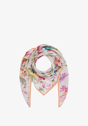 Lekki szal z tkaniny z kolorowym kwiatowym i panterkowym wzorem, złożony w kształt trójkąta z pomarańczowymi wykończonymi brzegami.