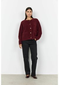 Burgundy fleece jacket with a round neckline, front button closure, and two patch pockets. Worn with black pants and brown shoes.