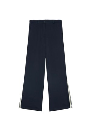 Pantalones de pierna ancha en color navy, hechos de una tela suave, con rayas laterales, bolsillos delanteros y una cinturilla con presillas para cinturón y cierre de botón.