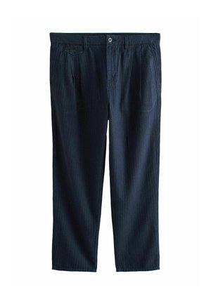 Dark navy blue pinstripe trousers with front button and zip closure, belt loops, pleats, and a small buttoned flap pocket on the right side.