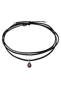 Black cord necklace with three strands and a teardrop-shaped dark gemstone pendant, secured with metallic clasp accents.