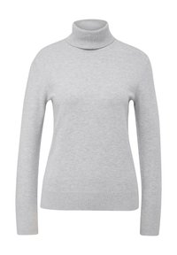 Hellgrauer Rollkragenpullover mit langen Ärmeln, aus einem glatten Strickstoff gefertigt. Verfügt über eine taillierte Silhouette sowie gerippte Bündchen und Kragen.