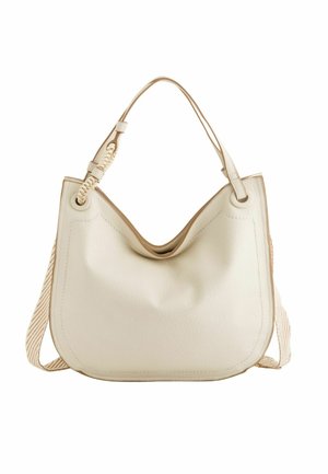Bolso de mano de cuero color crema con detalle de correa trenzada y una segunda correa ajustable para el hombro a rayas.