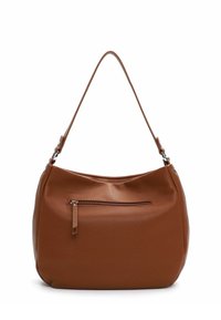 Borsa hobo in pelle marrone con superficie testurizzata, tracolla singola e tasca frontale con cerniera. Forma arrotondata e design minimalista.