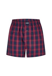 Rode en marineblauwe geruite boxershort met een elastische band, knoopsluiting en dunne witte lijnen die het rasterpatroon vormen. Zachte katoenen stof.