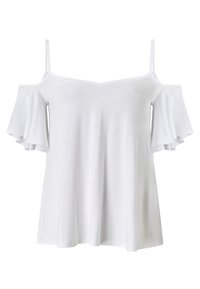 Blouse blanche épaules dénudées avec fines bretelles et manches courtes à volants, coupe ample et ourlet droit.