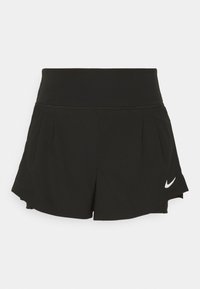 Svarta träningsshorts med bred midja och Nike-logotyp på nedre högra fållen, designade för löpning eller sportaktiviteter.