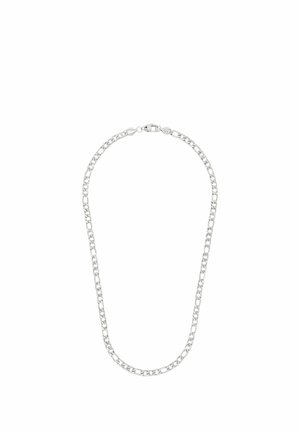 Collana a catena d'argento con maglie ovali piatte e chiusura a moschettone, mostrata su sfondo bianco.