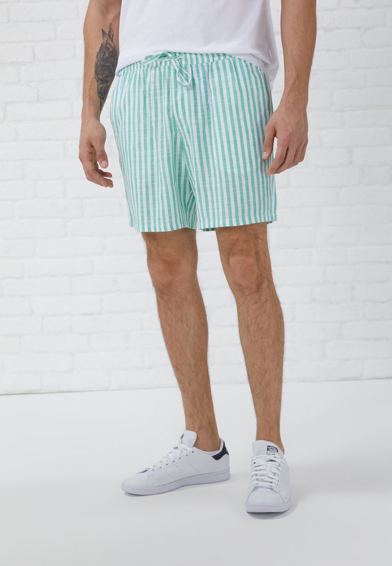 Green and white striped swim shorts with an elastic waistband and drawstring. Made of lightweight fabric, knee-length, no pockets.