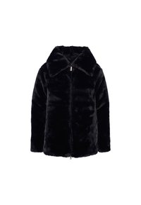 Giacca in finta pelliccia nera con ampio colletto, chiusura a zip e maniche lunghe. Presenta una texture morbida e un design leggermente oversize.