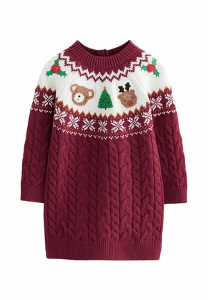 Strickpullover mit einem kastanienbraunen Zopfmuster und einer weißen Passe, die mit einem gestickten Bären, Rentieren, einem Weihnachtsbaum und Stechpalmenakzenten verziert ist.