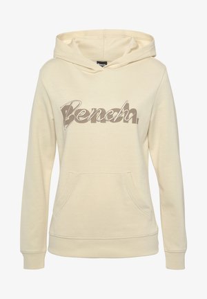 Cream hoodie with a front pocket, featuring "Bench" in a metallic design on the chest. Soft fabric and ribbed cuffs provide a comfortable fit.