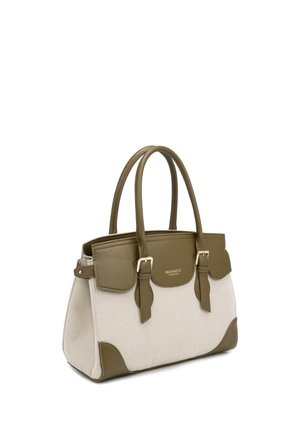 Sac à main en tissu beige avec poignées, coins et rabat en cuir vert olive, doté de deux boucles et du logo « DIANA&CO FIRENZE » sur le devant.