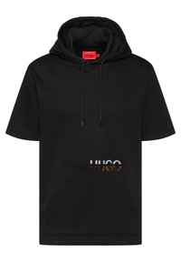 Sort kortærmet hoodie med kængurulomme, prydet med et stort "HUGO"-logo i hvid og bronze, lavet af blødt bomuldsblandingsmateriale.