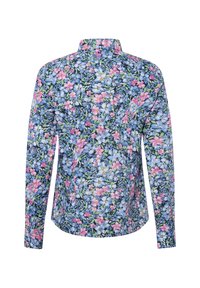 Langarmhemd mit floralem Muster in Blau-, Rosa- und Grüntönen. Mit Kragen, geschwunghem Saum und Knopfdetail an den Ärmeln.