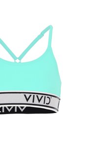 Minttivihreä urheiluotsikko, jossa on säädettävät ristiin menevät hihnat. Otsikossa on kontrastina musta-harmaa elastinen nauha, jossa on "VIVID"-brändäys.