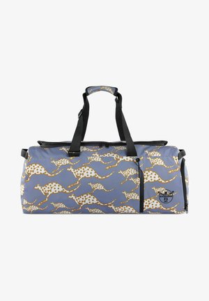 Borsa a sacca con uno sfondo blu che presenta un motivo di canguri che corrono in tonalità beige e bianco. Include manici e cerniere neri.