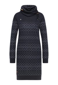 Tummansininen pitkähihainen mekko, jossa on kaula-aukko, ja jossa on kevyempi sininen geometrinen kuvio sekä pieni logotunnus rinnassa.