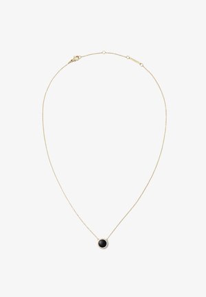 Guldkæde med en rund sort vedhæng omgivet af små klare sten, glat overflade med et delikat design.