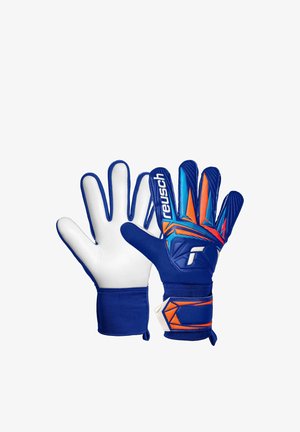 Blue and white goalkeeper gloves with orange and blue accents, one glove showing palm, the other back with "reusch" branding.