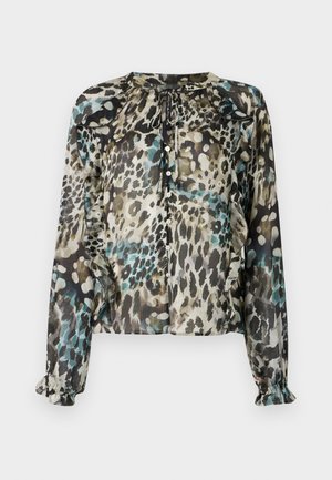 Blusa transparente de mangas longas com um padrão de onça multicolorido, apresentando um decote redondo, detalhe de laço e punhos com franzido.