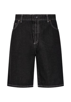 Zwarte denim shorts met een knoopsluiting, contrasterende witte stiksels, voorzakken en riemlussen, knielengte stijl.