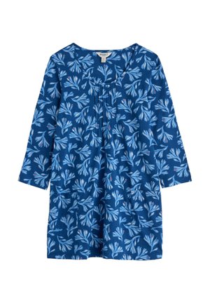 Vestito blu a maniche lunghe con motivo floreale piccolo di colore azzurro chiaro e rosso, scollo rotondo, pieghe frontali e due tasche anteriori.