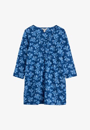 Vestito blu a maniche lunghe con motivo floreale piccolo di colore azzurro chiaro e rosso, scollo rotondo, pieghe frontali e due tasche anteriori.