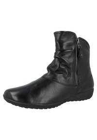 Bottine en cuir noir avec un design lâche, fermeture éclair sur le côté, bout rond, surface texturée et semelle en caoutchouc basse pour le confort.