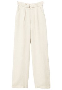 Pantalones de pierna ancha color crema, hechos de tejido ligero, con una cintura alta con cinturón, pliegues y bolsillos laterales. Acabado texturizado.