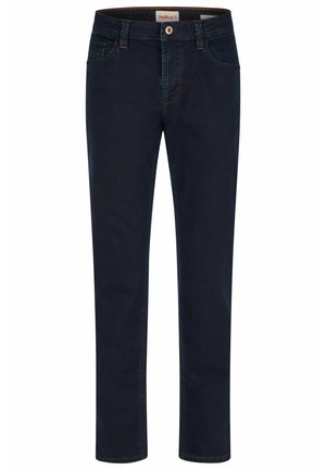 Mørkeblå jeans med lige ben, forlommer, bæltestropper og knaplukning, vist mod en hvid baggrund.