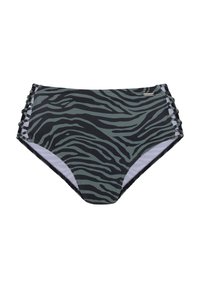 Vysoko páskové bikiny v tmavozelenej farbe s čiernymi pruhmi zebry, so bočnými šnurovacími detailmi a hladkou textúrou látky.