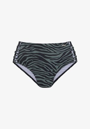Tumedateeritud kõrge vöökohaga bikiinipüksid, millel on mustad sebra triibud, külgedel sidumisdetailid ja sile kangastekstuuri.