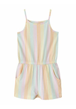 Combiné sans manches à rayures pastel pour tout-petits, avec taille élastique, poches latérales et boutons-pression à l'entrejambe pour un changement facile.