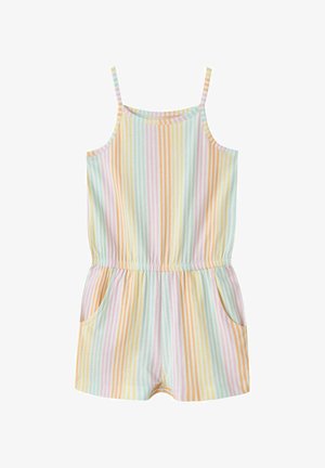 Αμάνικο ολόσωμο φορμάκι με παστέλ ρίγες για νήπια, με ελαστική μέση, πλαϊνές τσέπες και κουμπιά σούστες στο καβάλο για εύκολη αλλαγή.