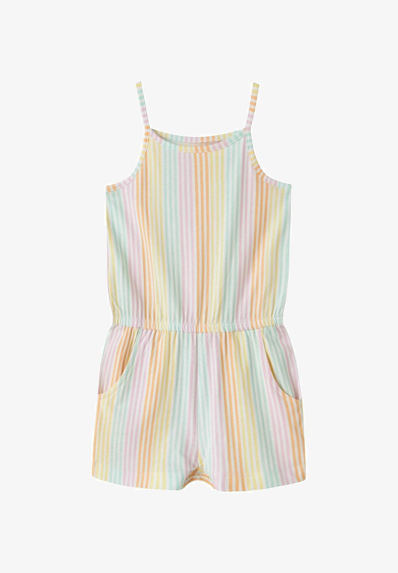 Αμάνικο ολόσωμο φορμάκι με παστέλ ρίγες για νήπια, με ελαστική μέση, πλαϊνές τσέπες και κουμπιά σούστες στο καβάλο για εύκολη αλλαγή.