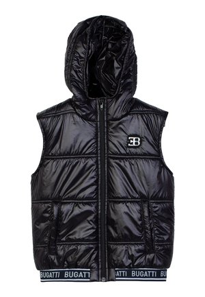 Schwarzige, glänzende, ärmellose Steppweste mit Kapuze, Frontreißverschluss, zwei Taschen, EB-Logo auf der Brust und "BUGATTI"-Text am unteren Saum.