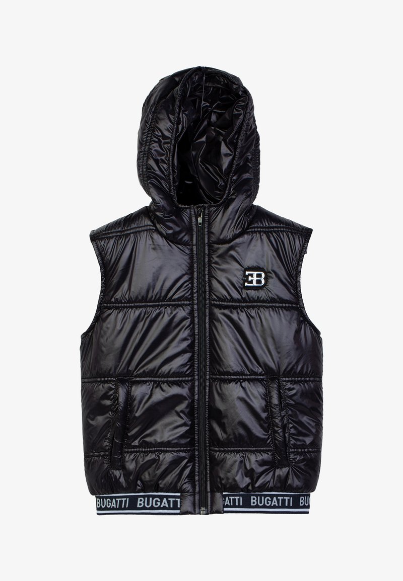 Gilet smanicato lucido nero con cappuccio, zip frontale, due tasche, logo EB sul petto e testo "BUGATTI" sull'orlo inferiore.