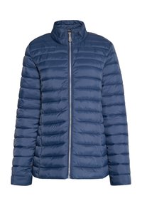 Giacca puffer blu navy con colletto alto, texture trapuntata, zip frontale e polsini elastici. Design leggero e isolato.