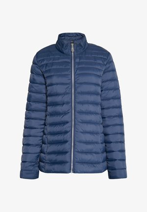 Tumed sinine puffer-jakk, millel on tõstetav krae, tikanditunne, ees lukuga ja elastsed mansetid. Kerge ja isoleeritud disain.