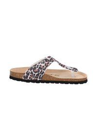Flatform sandaler med leopardmønstret rem, korkfodersål og sort gummisål. Remmen har en gennemsigtig detalje for ekstra design.