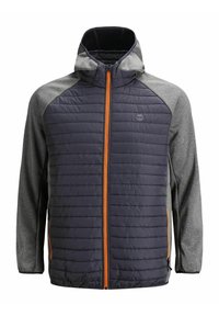 Lekka kurtka z granatowym pikowanym przodem, szarymi rękawami i pomarańczowym suwakiem. Projekt z kapturem i teksturowanymi wstawkami z tkaniny.