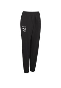 Sorte joggebukser laget av mykt stoff, med elastisk belte og mansjetter, samt "Women of the Wave"-logoen trykket i hvitt.