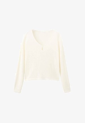 Svijetlo kremasti skraćeni džemper s dugim rukavima, rebraste teksture, V-izrezom i malim otvorom u obliku ključa na prsima. Mekani pamučni materijal.