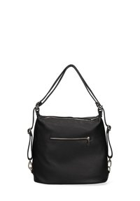 Borsa a spalla in pelle nera con finitura testurizzata, tracolla regolabile singola, chiusura con zip e tasca frontale con zip.