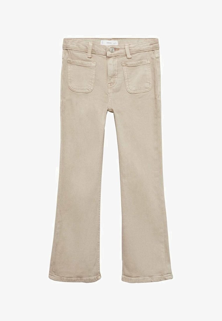 Beige leveletteen housut, jotka on valmistettu puuvillasekoitteesta. Niissä on viisi taskua, etuvetoketjusulkeuma ja hieman venyvyyttä mukavuutta varten.