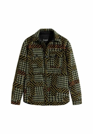 Knopf-up Jacke in einer Mischung aus geometrischen und tierischen Mustern, mit Grün-, Schwarz-, Braun- und Orangetönen. Strukturiertes Material mit zwei Brusttaschen.
